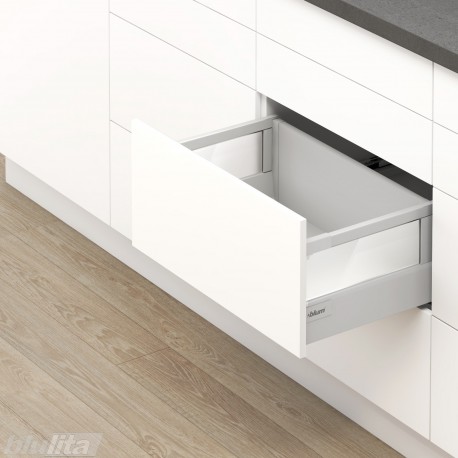 TANDEMBOX antaro D stalčiaus komplektas su relingu ir stiklu, NL&nbsp;270&nbsp;mm, 30&nbsp;kg, TIP-ON BLUMOTION, pilkas „White Aluminium“
