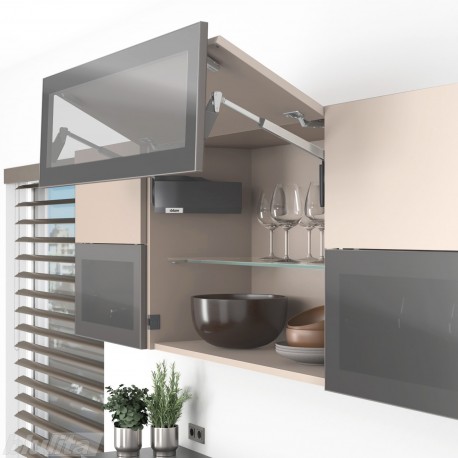 AVENTOS HF top komplektas, F2511 mech., F39 svert., medžio/plokštės ir plataus prof. fasadas, tam. pilki dangt., su SERVO-DRIVE