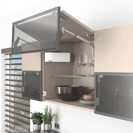 AVENTOS HF top komplektas, F2501 mech., F39 svert., medžio/plokštės ir siauro prof. fasadas, balti dangt., su SERVO-DRIVE