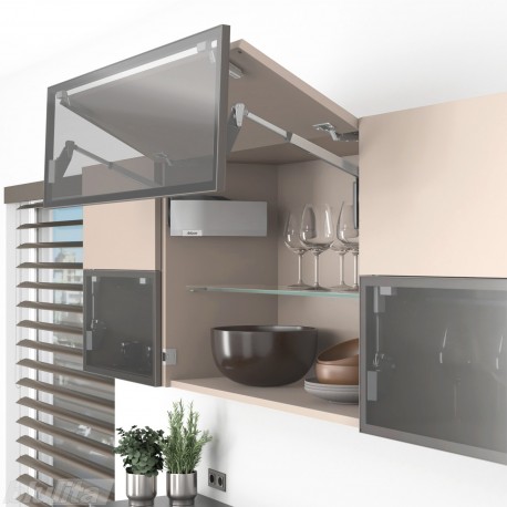 AVENTOS HF top komplektas, F2501 mech., F39 svert., medžio/plokštės ir siauro prof. fasadas, pilki dangt., su SERVO-DRIVE