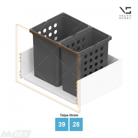 Skalbinių krepšių VS WASH komplektas, spintelės plotis KB – 700 mm, aukštis – 426 mm, talpa – 39, 28 l, tamsiai pilkas