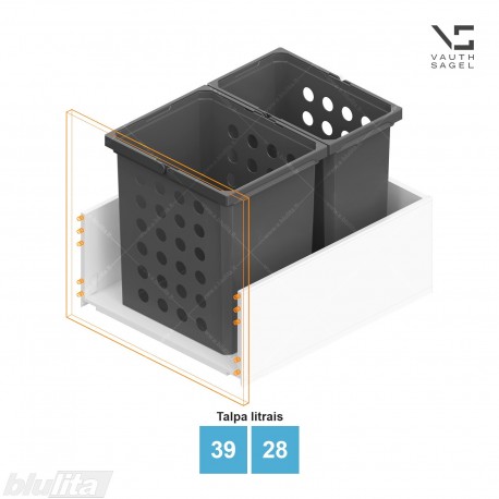 Skalbinių krepšių VS WASH komplektas, spintelės plotis KB – 550 mm, aukštis – 426 mm, talpa – 39, 28 l, tamsiai pilkas