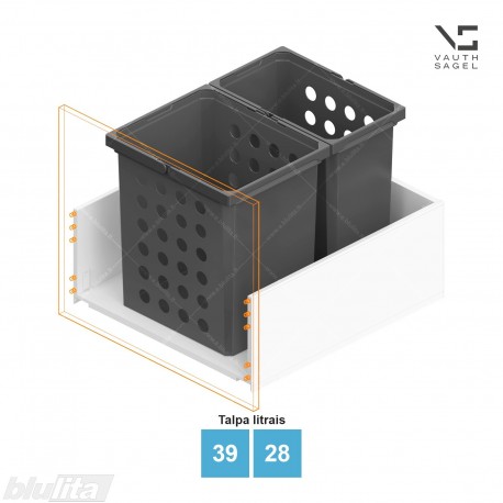 Skalbinių krepšių VS WASH komplektas, spintelės plotis KB – 600 mm, aukštis – 426 mm, talpa – 39, 28 l, tamsiai pilkas