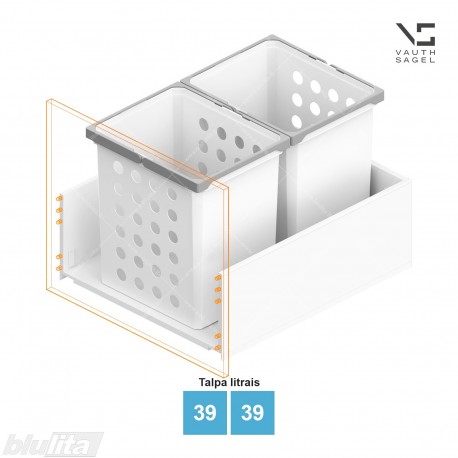 Skalbinių krepšių VS WASH komplektas, spintelės plotis KB – 600 mm, aukštis – 426 mm, talpa – 39, 39 l, baltas