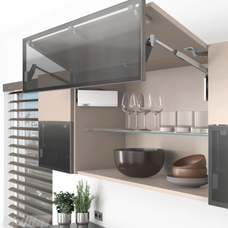 AVENTOS HF top komplektas, F2501 mech., F39 svertai, medžio/plokštės ir siauro prof. fasadas, balti dangteliai