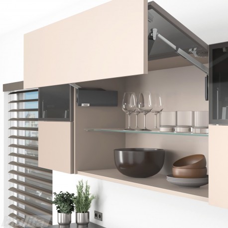 AVENTOS HF top komplektas, F2501 mech., F39 svertai, siauro prof. ir medžio/plokštės fasadas, tam. pilki dangteliai