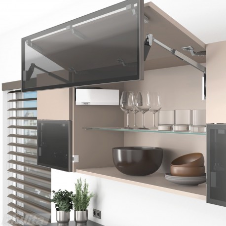 AVENTOS HF top komplektas, F2501 mech., F32 svert., medžio/plokštės ir siauro prof. fasadas, balti dangt., su SERVO-DRIVE