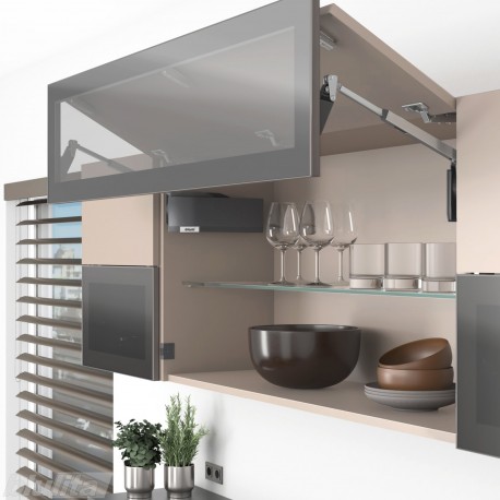 AVENTOS HF top komplektas, F2501 mech., F35 svert., medžio/plokštės ir plataus prof. fasadas, tam. pilki dangt., su SERVO-DRIVE