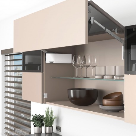 AVENTOS HF top komplektas, F2811 mech., F39 svert., siauro prof. ir medžio/plokštės fasadas, balti dangt., su SERVO-DRIVE