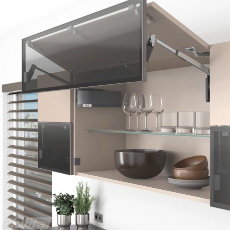 AVENTOS HF top komplektas, F2511 mech., F39 svert., medžio/plokštės ir siauro prof. fasadas, tam. pilki dangt., su SERVO-DRIVE