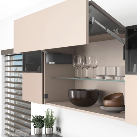 AVENTOS HF top komplektas, F2511 mech., F35 svert., siauro prof. ir medžio/plokštės fasadas, tam. pilki dangt., su SERVO-DRIVE