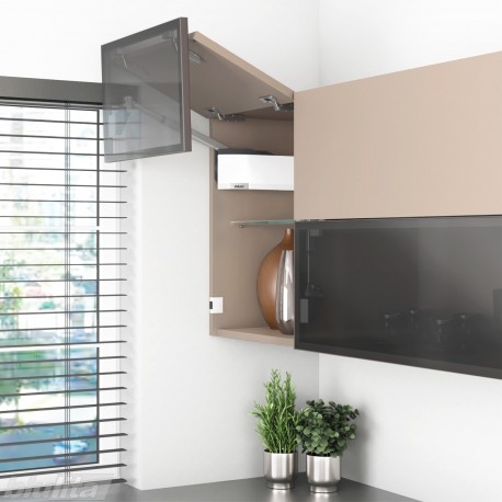 AVENTOS HF top komplektas, F2511 mech., F32 svert., medžio/plokštės ir siauro prof. fasadas, baltas dangt., su SERVO-DRIVE
