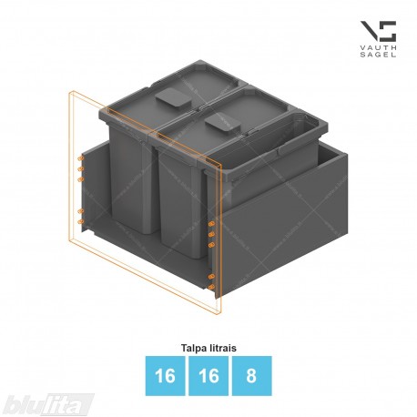 Šiukšliadėžių VS ENVI Free komplektas,&nbsp;KB 550&nbsp;mm, stalčiaus NL 400-500 mm, kibirų aukštis&nbsp;– 326&nbsp;mm, talpa&nbsp;– 16, 16, 8 l