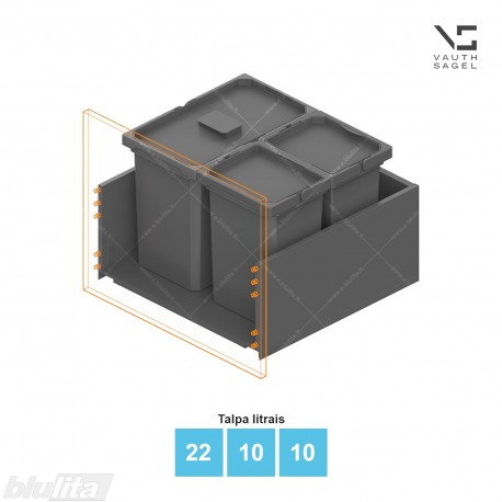 Šiukšliadėžių VS ENVI Free komplektas,&nbsp;KB 550&nbsp;mm, stalčiaus NL 400-500 mm, kibirų aukštis&nbsp;– 326&nbsp;mm, talpa&nbsp;– 22, 10, 10 l
