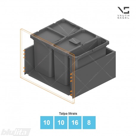Šiukšliadėžių VS ENVI Free komplektas,&nbsp;KB 600&nbsp;mm, stalčiaus NL 400-500 mm, kibirų aukštis&nbsp;– 326&nbsp;mm, talpa&nbsp;– 10, 10, 16, 8 l