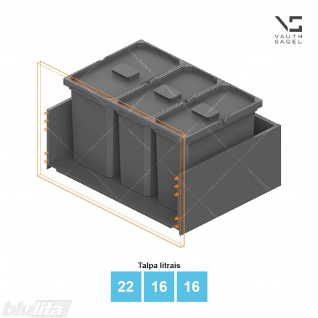 Šiukšliadėžių VS ENVI Free komplektas,&nbsp;KB 700&nbsp;mm, stalčiaus NL 400-500 mm, kibirų aukštis&nbsp;– 326&nbsp;mm, talpa&nbsp;– 22, 16, 16 l