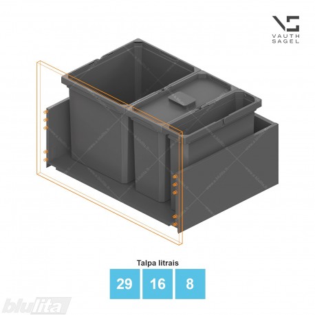 Šiukšliadėžių VS ENVI Free komplektas,&nbsp;KB 700&nbsp;mm, stalčiaus NL 400-500 mm, kibirų aukštis&nbsp;– 326&nbsp;mm, talpa&nbsp;– 29, 16, 8 l