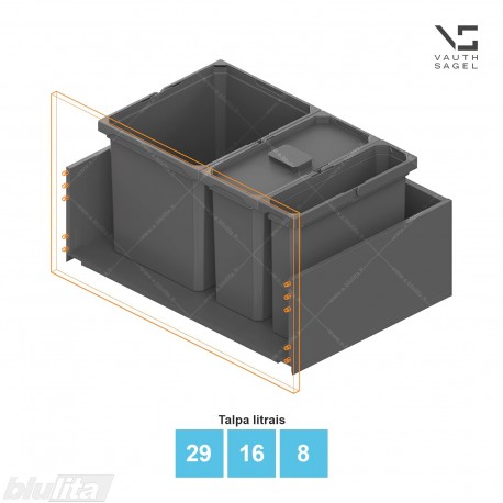 Šiukšliadėžių VS ENVI Free komplektas,&nbsp;KB 750&nbsp;mm, stalčiaus NL 400-500 mm, kibirų aukštis&nbsp;– 326&nbsp;mm, talpa&nbsp;– 29, 16, 8 l