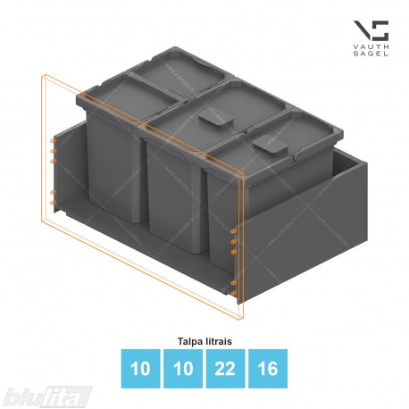 Šiukšliadėžių VS ENVI Free komplektas,&nbsp;KB 750&nbsp;mm, stalčiaus NL 400-500 mm, kibirų aukštis&nbsp;– 326&nbsp;mm, talpa&nbsp;– 10, 10, 22, 16 l