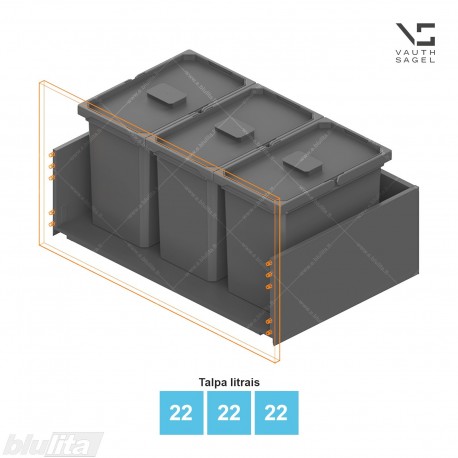 Šiukšliadėžių VS ENVI Free komplektas,&nbsp;KB 800&nbsp;mm, stalčiaus NL 400-500 mm, kibirų aukštis&nbsp;– 326&nbsp;mm, talpa&nbsp;– 22, 22, 22 l