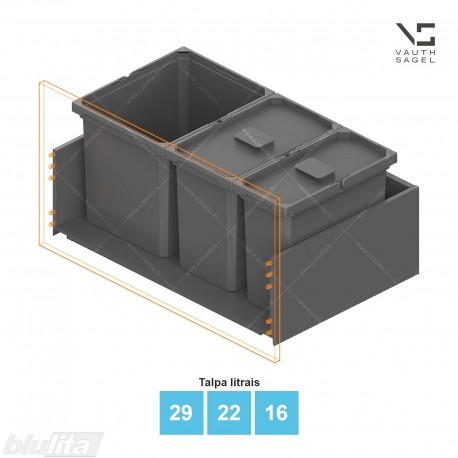Šiukšliadėžių VS ENVI Free komplektas,&nbsp;KB 800&nbsp;mm, stalčiaus NL 400-500 mm, kibirų aukštis&nbsp;– 326&nbsp;mm, talpa&nbsp;– 29, 22, 16 l