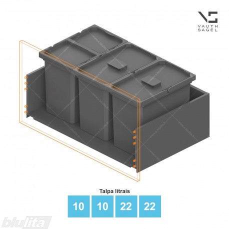Šiukšliadėžių VS ENVI Free komplektas,&nbsp;KB 800&nbsp;mm, stalčiaus NL 400-500 mm, kibirų aukštis&nbsp;– 326&nbsp;mm, talpa&nbsp;– 22, 22, 10, 10 l