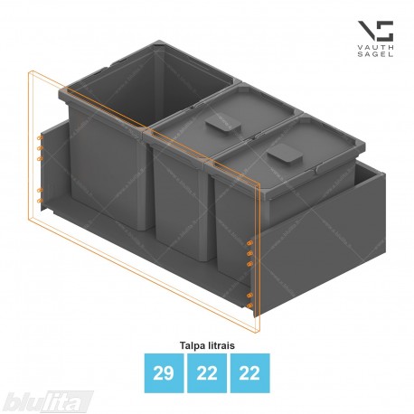Šiukšliadėžių VS ENVI Free komplektas,&nbsp;KB 850&nbsp;mm, stalčiaus NL 400-500 mm, kibirų aukštis&nbsp;– 326&nbsp;mm, talpa&nbsp;– 29, 22, 22 l