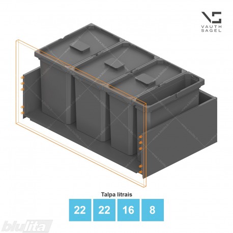 Šiukšliadėžių VS ENVI Free komplektas,&nbsp;KB 850&nbsp;mm, stalčiaus NL 400-500 mm, kibirų aukštis&nbsp;– 326&nbsp;mm, talpa&nbsp;– 22, 22, 16, 8 l