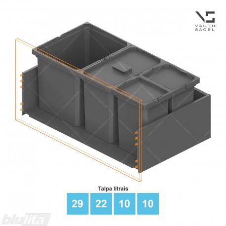 Šiukšliadėžių VS ENVI Free komplektas,&nbsp;KB 850&nbsp;mm, stalčiaus NL 400-500 mm, kibirų aukštis&nbsp;– 326&nbsp;mm, talpa&nbsp;– 29, 22, 10, 10 l