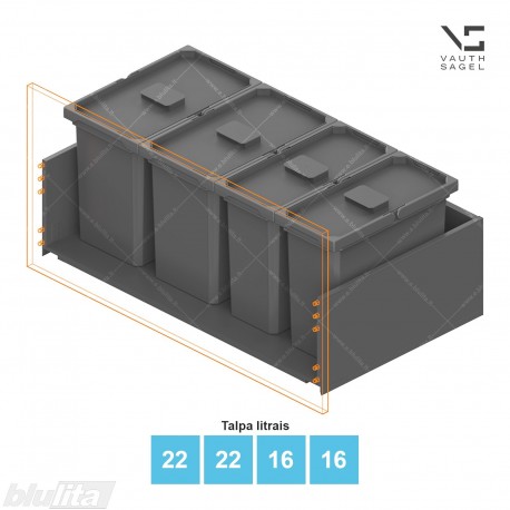 Šiukšliadėžių VS ENVI Free komplektas,&nbsp;KB 900&nbsp;mm, stalčiaus NL 400-500 mm, kibirų aukštis&nbsp;– 326&nbsp;mm, talpa&nbsp;– 22, 22, 16, 16 l