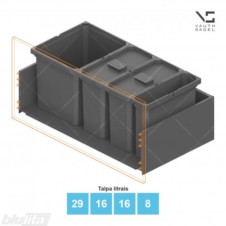 Šiukšliadėžių VS ENVI Free komplektas,&nbsp;KB 900&nbsp;mm, stalčiaus NL 400-500 mm, kibirų aukštis&nbsp;– 326&nbsp;mm, talpa&nbsp;– 29, 16, 16, 8 l