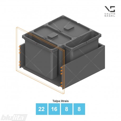 Šiukšliadėžių VS ENVI Free komplektas,&nbsp;KB 600&nbsp;mm, stalčiaus NL 550 mm, kibirų aukštis&nbsp;– 326&nbsp;mm, talpa&nbsp;– 22, 16, 8 l