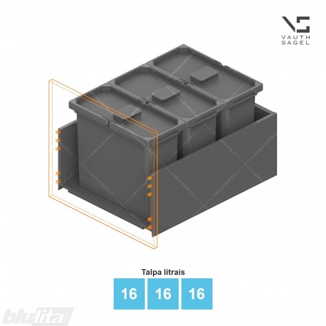 Šiukšliadėžių VS ENVI Free komplektas,&nbsp;KB 450-550&nbsp;mm, stalčiaus NL 600 mm, kibirų aukštis&nbsp;– 326&nbsp;mm, talpa&nbsp;– 16, 16, 16 l