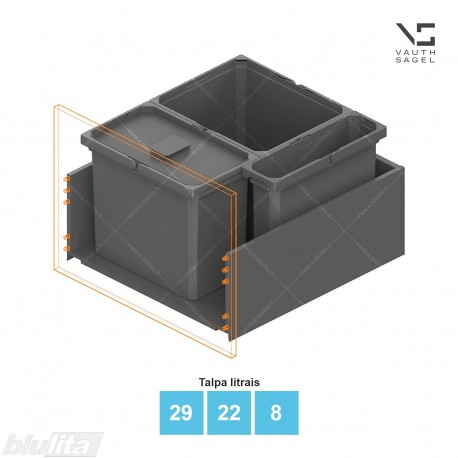 Šiukšliadėžių VS ENVI Free komplektas,&nbsp;KB 600&nbsp;mm, stalčiaus NL 600 mm, kibirų aukštis&nbsp;– 326&nbsp;mm, talpa&nbsp;– 29, 22, 8 l