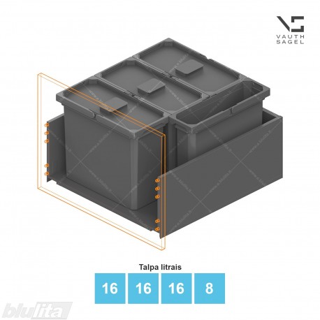 Šiukšliadėžių VS ENVI Free komplektas,&nbsp;KB 600&nbsp;mm, stalčiaus NL 600 mm, kibirų aukštis&nbsp;– 326&nbsp;mm, talpa&nbsp;– 16, 16, 16, 8 l