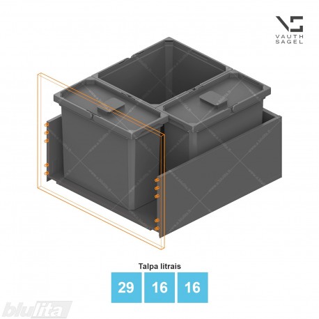 Šiukšliadėžių VS ENVI Free komplektas,&nbsp;KB 600&nbsp;mm, stalčiaus NL 600 mm, kibirų aukštis&nbsp;– 326&nbsp;mm, talpa&nbsp;– 29, 16, 16 l