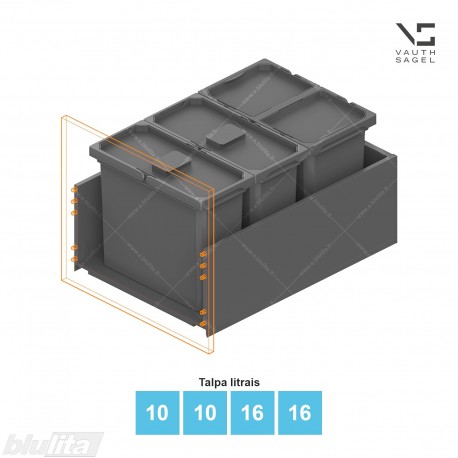 Šiukšliadėžių VS ENVI Free komplektas,&nbsp;KB 450-500&nbsp;mm, stalčiaus NL 650 mm, kibirų aukštis&nbsp;– 326&nbsp;mm, talpa&nbsp;– 10, 10, 16, 16 l
