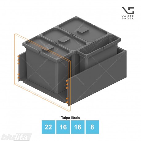 Šiukšliadėžių VS ENVI Free komplektas,&nbsp;KB 600&nbsp;mm, stalčiaus NL 650 mm, kibirų aukštis&nbsp;– 326&nbsp;mm, talpa&nbsp;– 22, 16, 16, 8 l