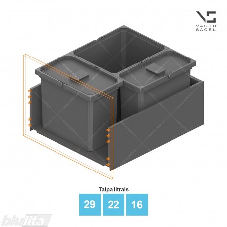Šiukšliadėžių VS ENVI Free komplektas,&nbsp;KB 600&nbsp;mm, stalčiaus NL 650 mm, kibirų aukštis&nbsp;– 326&nbsp;mm, talpa&nbsp;– 29, 22, 16 l