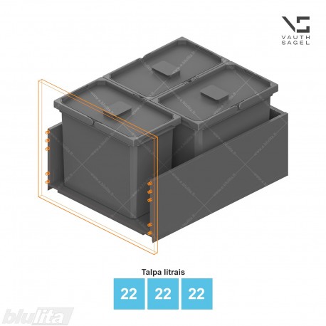 Šiukšliadėžių VS ENVI Free komplektas,&nbsp;KB 550&nbsp;mm, stalčiaus NL 650 mm, kibirų aukštis&nbsp;– 326&nbsp;mm, talpa&nbsp;– 22, 22, 22 l