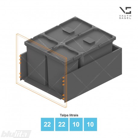 Šiukšliadėžių VS ENVI Free komplektas,&nbsp;KB 550&nbsp;mm, stalčiaus NL 650 mm, kibirų aukštis&nbsp;– 326&nbsp;mm, talpa&nbsp;– 22, 22, 10, 10 l