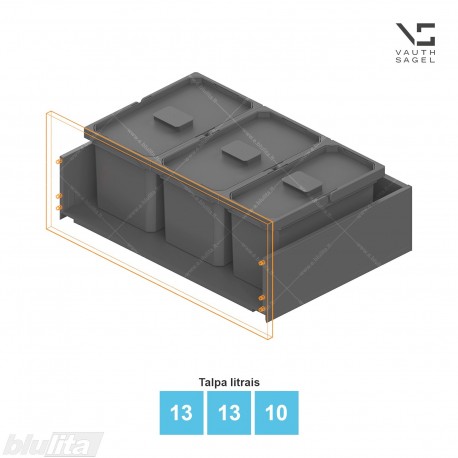 Šiukšliadėžių VS ENVI Free komplektas,&nbsp;KB 750&nbsp;mm, stalčiaus NL 400-500 mm, kibirų aukštis&nbsp;– 216&nbsp;mm, talpa&nbsp;– 13, 13, 10 l