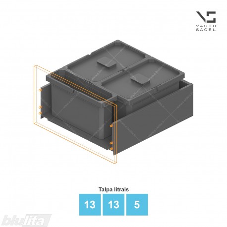 Šiukšliadėžių VS ENVI Free komplektas,&nbsp;KB 550&nbsp;mm, stalčiaus NL 550 mm, kibirų aukštis&nbsp;– 216&nbsp;mm, talpa&nbsp;– 13, 13, 5 l
