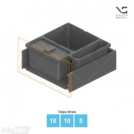 Šiukšliadėžių VS ENVI Free komplektas,&nbsp;KB 600&nbsp;mm, stalčiaus NL 550 mm, kibirų aukštis&nbsp;– 216&nbsp;mm, talpa&nbsp;– 18, 10, 5 l
