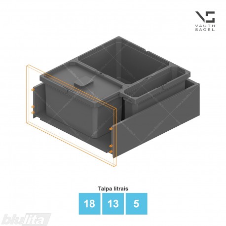 Šiukšliadėžių VS ENVI Free komplektas,&nbsp;KB 600&nbsp;mm, stalčiaus NL 600 mm, kibirų aukštis&nbsp;– 216&nbsp;mm, talpa&nbsp;– 18, 13, 5 l
