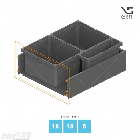 Šiukšliadėžių VS ENVI Free komplektas,&nbsp;KB 600&nbsp;mm, stalčiaus NL 650 mm, kibirų aukštis&nbsp;– 216&nbsp;mm, talpa&nbsp;– 18, 18, 5 l