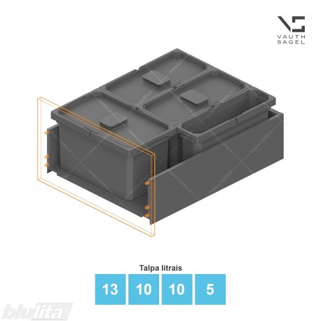 Šiukšliadėžių VS ENVI Free komplektas,&nbsp;KB 550&nbsp;mm, stalčiaus NL 650 mm, kibirų aukštis&nbsp;– 216&nbsp;mm, talpa&nbsp;– 13, 10, 10, 5 l