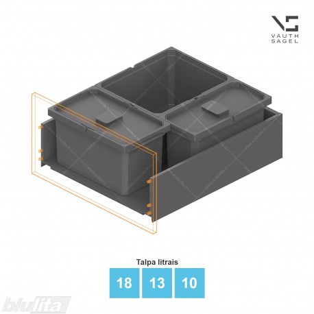 Šiukšliadėžių VS ENVI Free komplektas,&nbsp;KB 600&nbsp;mm, stalčiaus NL 650 mm, kibirų aukštis&nbsp;– 216&nbsp;mm, talpa&nbsp;– 18, 13, 10 l