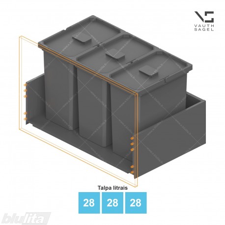 Šiukšliadėžių VS ENVI Free komplektas,&nbsp;KB 800&nbsp;mm, stalčiaus NL 400-550 mm, kibirų aukštis&nbsp;– 426&nbsp;mm, talpa&nbsp;– 28, 28, 28 l