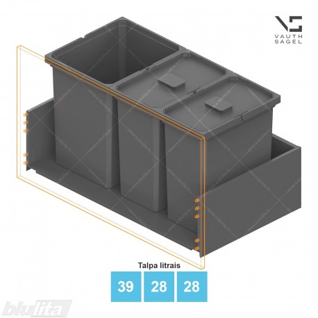 Šiukšliadėžių VS ENVI Free komplektas,&nbsp;KB 850-900&nbsp;mm, stalčiaus NL 400-550 mm, kibirų aukštis&nbsp;– 426&nbsp;mm, talpa&nbsp;– 39, 28, 28 l